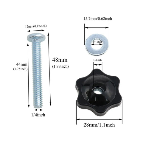 Diagram of Beefy T Track Knob And Hardware Kit with 1/4-20 screw, black knob, and galvanized washer dimensions labeled.