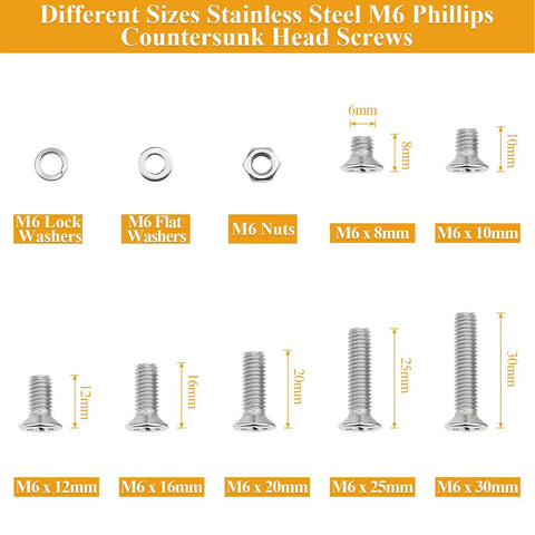 150 Piece M6 Countersunk Phillips Machine Screws Nuts Washers Set For 304 Stainless Steel Fully Threaded Assortment Kit sizes shown