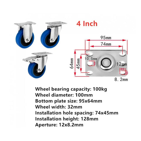 Heavy Duty Silent Swivel Casters Featuring Blue Tpr Rubber 4 Inch Stainless Steel Frame showing dimensions and specifications.