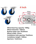 Four Pack 4 Inch 304 Stainless Steel Casters With Medium Blue TPR Rubber Wheels shown with dimensions and specifications