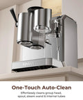 Smooth Operator Automatic Espresso Machine With Integrated Grind Distribute And Tamp Design Built In Calibrated Tamper Delivers A Perfect Puck Every Shot product showing one-touch auto-clean feature on countertop.