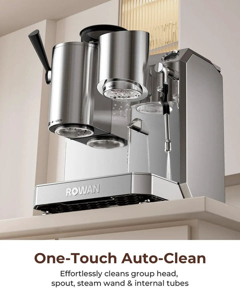 Smooth Operator Automatic Espresso Machine With Integrated Grind Distribute And Tamp Design Built In Calibrated Tamper Delivers A Perfect Puck Every Shot product showing one-touch auto-clean feature on countertop.