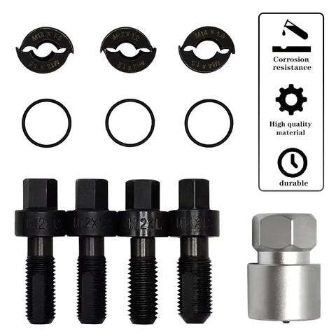 8Pcs Wheel Stud Thread Restorer Kit M12 And M14 Size Set for Mercedes Benz BMW Volvo VW Group, tools and fittings displayed