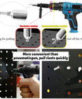 211Pcs Black Alloy Steel Electric Rivet Gun Adapter Kit With 2.4mm 3.2mm 4.0mm 4.8mm Rivet Heads Includes Handle Wrench And 500Pcs Aluminum Blind Rivet Kit For Quick Strong Fastening shown in use on metal sheet