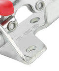 Four Pack Heavy Duty Push Pull Toggle Clamps With Beefy Hold And 99 Pound Load Rating 190 Degree Angled Handle close-up of metal base and red handle.