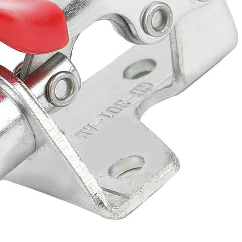 Four Pack Heavy Duty Push Pull Toggle Clamps With Beefy Hold And 99 Pound Load Rating 190 Degree Angled Handle close-up of metal base and red handle.