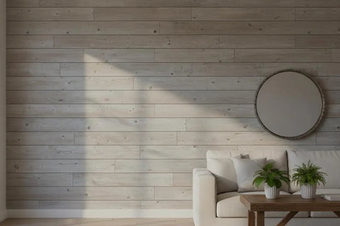 Kickback Beachwood Water Based Wood Stain For Interior And Exterior Use That Brings A Laid Back Coastal Flair To Your Deck With No Voc Drama And A Natural Sun Washed Look Perfect For Weekend Crews And DIY Enthusiasts on a coastal wood wall in a bright living room.