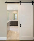 One Way Soft Close Mechanism For Sliding Door System With Flat Bar Track In Black Finish supports doors up to 176 lb, installed view
