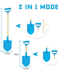 Kids Beach Shovel Set 3 Pack With Adjustable Lengths 19 To 31 Inches, wood and plastic shovels in 2-in-1 mode diagram.