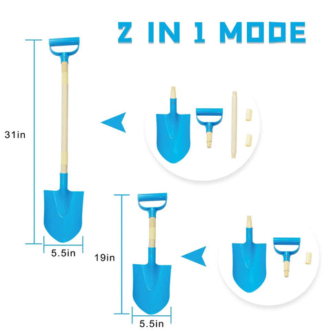 Kids Beach Shovel Set 3 Pack With Adjustable Lengths 19 To 31 Inches, wood and plastic shovels in 2-in-1 mode diagram.
