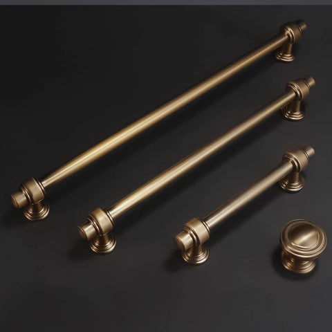 5 Inch Center-To-Center Champagne Bronze Cabinet Pulls shown in a set on dark background, zinc alloy gold hardware, durable corrosion-resistant