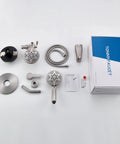 Dual Shower Head Faucet Set With Valve And Tub Spout 48 Shower Settings High Pressure Three Way Diverter Single Handle Trim Kit Brushed Nickel Finish Bath Tub Shower Combo System components spread out with packaging on a white background.