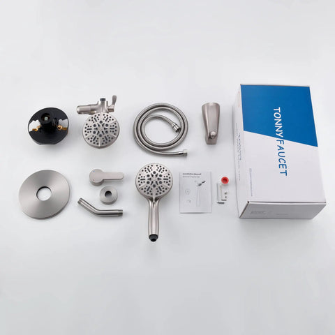 Dual Shower Head Faucet Set With Valve And Tub Spout 48 Shower Settings High Pressure Three Way Diverter Single Handle Trim Kit Brushed Nickel Finish Bath Tub Shower Combo System components spread out with packaging on a white background.