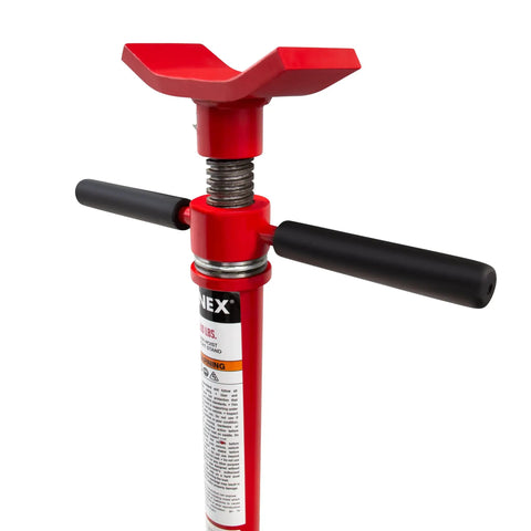 Close-up of Three Quarter Ton Underhoist Support Stand with Foot Pedal, large base, heavy duty, bearing mounted spin handle.