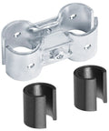 Eight Set Double Port Parallel Pipe Clamp Connectors For Three Quarter Inch Emt Fitting No Shims Needed Built Like A Tank Galvanized Steel Electrical Conduit Coupler With Snug Fit Hardware Dead Simple Install, featuring a galvanized steel body and two black plastic sleeves.