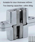 Heavy Duty Concealed Door Hinges Totally Invisible Hidden Stainless Steel Gate Hardware Flush Mount close-up view with screws.
