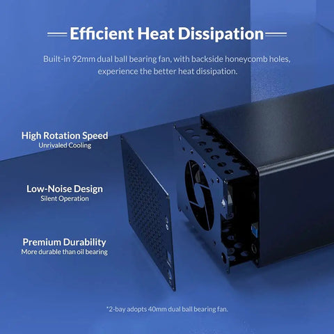 Solid Aluminum 3.5 Inch 5 Bay Hard Drive Enclosure With USB 3.1 Type C And RAID Setup Up To 80TB Capacity, showcasing efficient heat dissipation fan.
