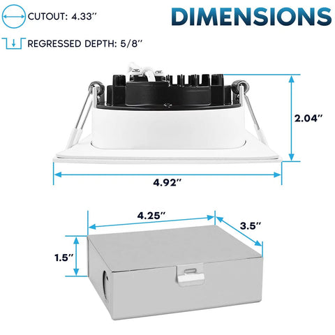 Dimensions of 4 Inch Square LED Recessed Ceiling Light With Junction Box Included, 15W Killer Brightness 1300 Lumens, diagram