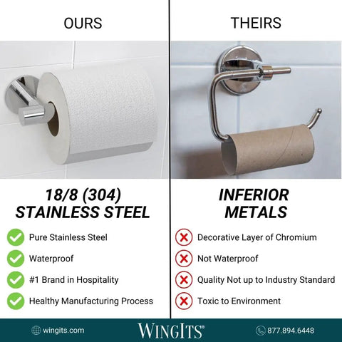 Comparison of Infinite Elegance Horizontal And Vertical Toilet Paper Holder in stainless steel vs inferior metal holder.