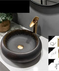 USZWBY Modern Round Vessel Vanity Sink Above Counter Basin Ceramic Wash Countertop Bathroom Art Balcony Simple with gold details.