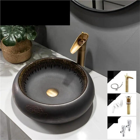 USZWBY Modern Round Vessel Vanity Sink Above Counter Basin Ceramic Wash Countertop Bathroom Art Balcony Simple with gold details.