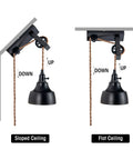 Diagram showing Two Pack Dimmable Pulley Wall Sconces In Vintage Black Finish Plug In Lighting on sloped and flat ceilings.