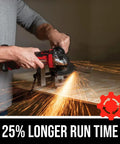 Man using Cordless 20V Go To Four And A Half Inch Angle Grinder With PWRCore 20 Battery for cutting metal with sparks flying.