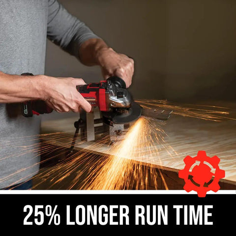 Man using Cordless 20V Go To Four And A Half Inch Angle Grinder With PWRCore 20 Battery for cutting metal with sparks flying.