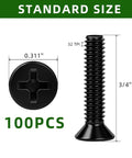 Heavy Duty Flat Countersunk Machine Screws Phillips Drive Hella Tough 304 Stainless Steel Corrosion Proof Black Finish One Hundred Piece Gear Up Kit With Driver Bit showing dimensions and profile.