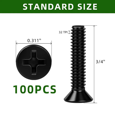 Heavy Duty Flat Countersunk Machine Screws Phillips Drive Hella Tough 304 Stainless Steel Corrosion Proof Black Finish One Hundred Piece Gear Up Kit With Driver Bit showing dimensions and profile.