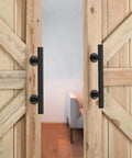Two Pack 12 Inch Sliding Barn Door Handle Pull And Flush Hardware Set With Flat Back Plate Design In Rustic Black Finish on wood doors