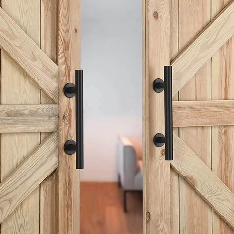 Two Pack 12 Inch Sliding Barn Door Handle Pull And Flush Hardware Set With Flat Back Plate Design In Rustic Black Finish on wood doors
