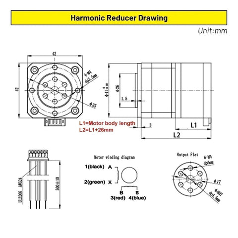 Technical drawing of Mini Harmonic Reducer Strain Wave Gear Reducer Actuators Kit with 0.28Nm torque and 34mm motor dimensions