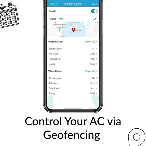 Smartphone showing geofencing feature of Boss Level Smart Air Conditioner Controller With WiFi Thermostat For Mini Split, Window And Portable ACs.