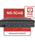 Front view of 48 Port Gigabit PoE Switch With Six 10G SFP Plus Uplinks, 1U Rack Mount, Web Based Management GUI, AV & Enterprise Networks