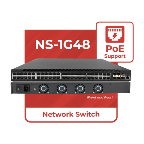 Front view of 48 Port Gigabit PoE Switch With Six 10G SFP Plus Uplinks, 1U Rack Mount, Web Based Management GUI, AV & Enterprise Networks