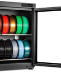 Top Tier 3D Printer Filament Dryer Box With Smart Auto Humidity Control And Zap Ptc Heating For Two Spools with colorful filaments.