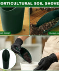 Green Garden Soil Scoop 2 In 1 Handy Grab And Go Multi Function Plastic Digging Tool scooping soil into planter.