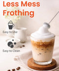 Kickass Barista Grade Milk Frother Wand Handheld Drink Mixer for Lattes creating foam in a cappuccino glass on a table.