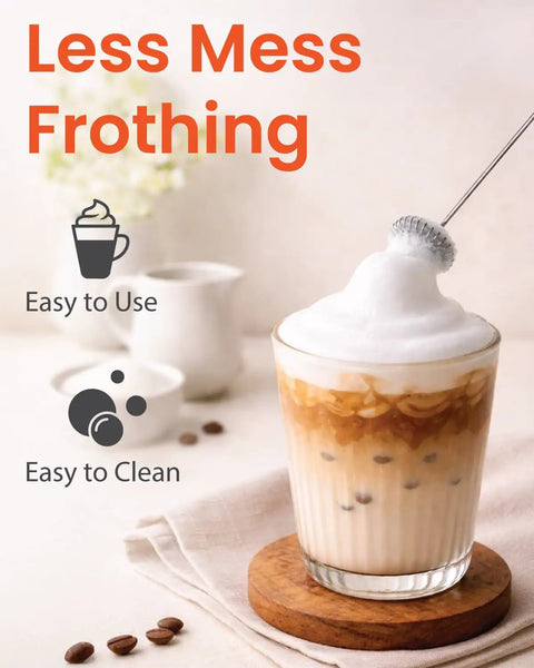 Kickass Barista Grade Milk Frother Wand Handheld Drink Mixer for Lattes creating foam in a cappuccino glass on a table.