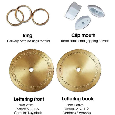Professional Manual Ring Engraving Machine For Jewelry Makers Featuring Heavy Duty Steel Frame showing trial rings and engraving discs.