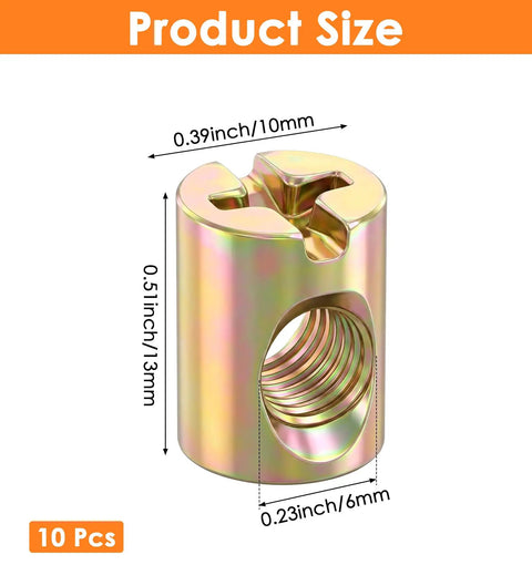 10 Pack M6 Barrel Nuts With Slotted Cross Dowel For Furniture And Bed Frames, Durable, Corrosion Resistant Hardware, size view
