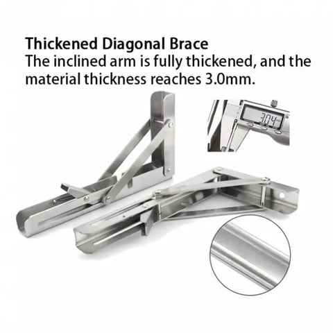 12 Inch Folding Shelf Brackets For Durable Stainless Steel Collapsible Shelves, thickness detail shown