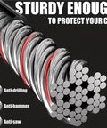 Close-up of Heavy Gauge Cable Steering Wheel Lock Built Tough Anti Theft Car Guard with braided steel loops.