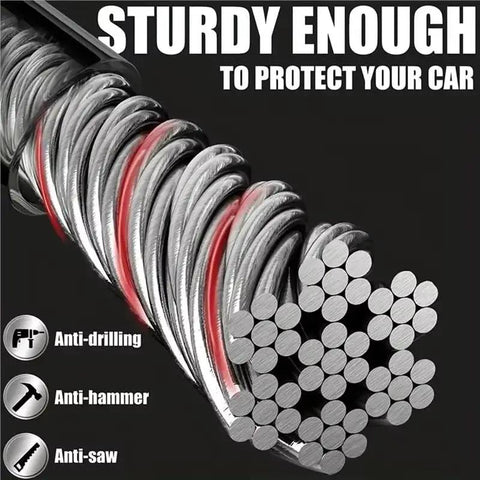 Close-up of Heavy Gauge Cable Steering Wheel Lock Built Tough Anti Theft Car Guard with braided steel loops.