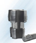 Heavy Duty Internal Pipe Threader For Water Pipe With Slick Threading Action No Sweat Operation Fits Standard Electric Drills close-up on a metal coupling.