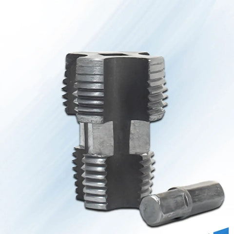 Heavy Duty Internal Pipe Threader For Water Pipe With Slick Threading Action No Sweat Operation Fits Standard Electric Drills close-up on a metal coupling.