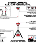 Diagram of Heavy Duty Tower Light With Built In Charger For Job Sites 6000 Lumen TrueView Lighting Adjustable Brightness showing features