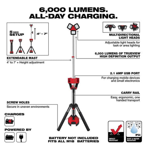 Diagram of Heavy Duty Tower Light With Built In Charger For Job Sites 6000 Lumen TrueView Lighting Adjustable Brightness showing features