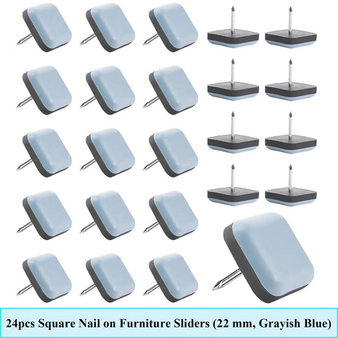 Heavy Duty Teflon Chair Sliders 22 Mm Square Nail On Furniture Glides PTFE Floor Savers in grayish blue, 24 pack display